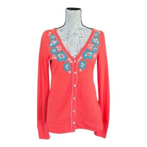 Miss Me Coral Embroidered Long Sleeve Cardigan Sweater S